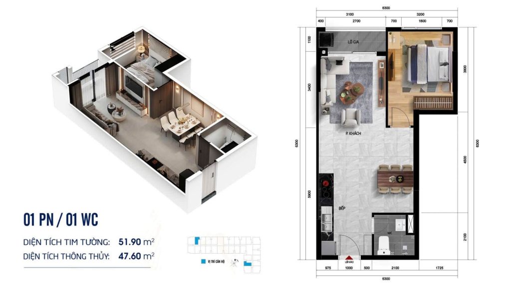 Mặt bằng layout căn hộ 1pn 1wc dự án symlife