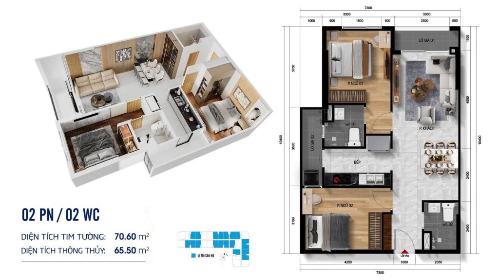 Mặt bằng layout căn hộ 2pn 2wc dự án symlife