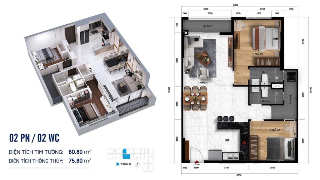 Mặt bằng layout căn hộ 2pn 2wc dự án symlife